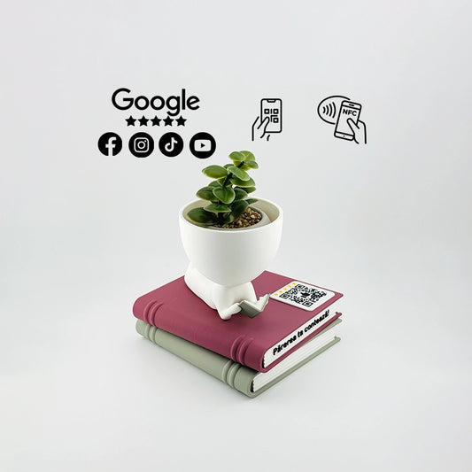 Figurina recenzii Google/Cadou Librarie, Biblioteca, cod QR si NFC, suport plante