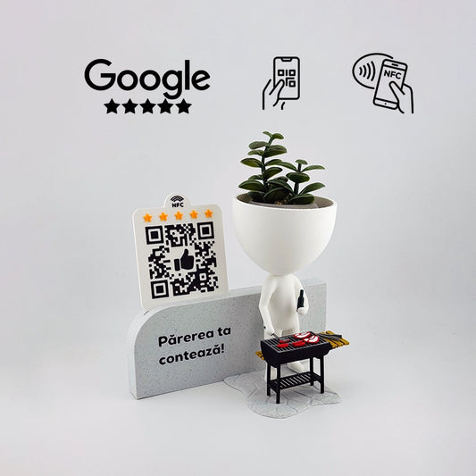 Figurina recenzii Google/Cadou Grill, Macelarie, cod QR si NFC, suport plante
