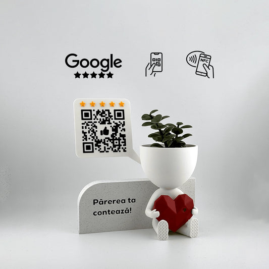 Figurina recenzii Google/Cadou antreprenor, cod QR si NFC, suport plante