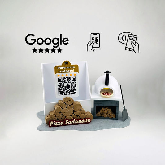 Figurina recenzii Google/Cadou Pizzerie, suport de pliante, cu cod QR si NFC